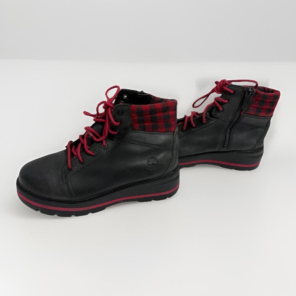 Timberland Black Boots with Red Plaid Collar and Red Laces 8.5